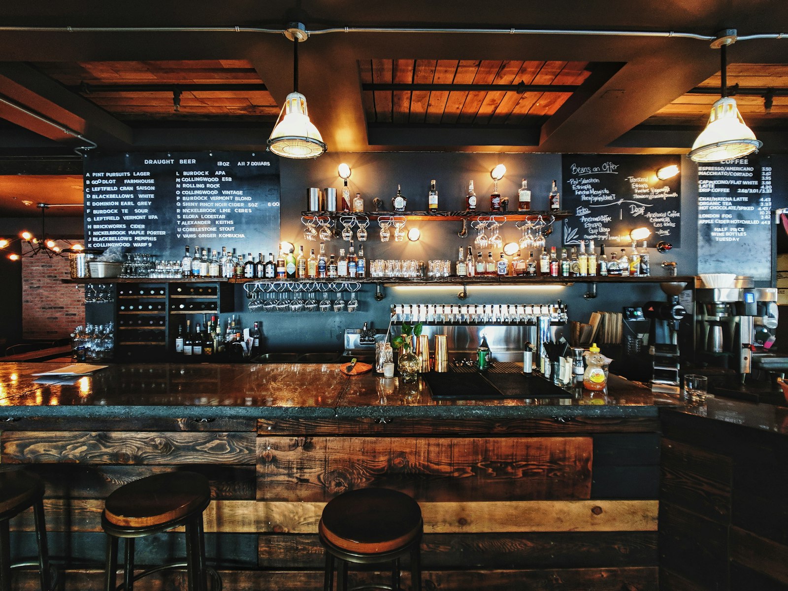 Bar shelves in moody light