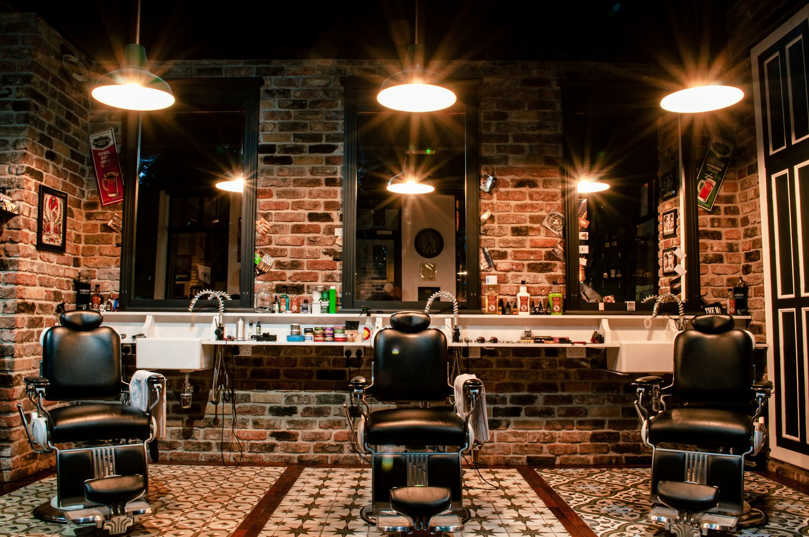 Moody barbershop interior with warm lights