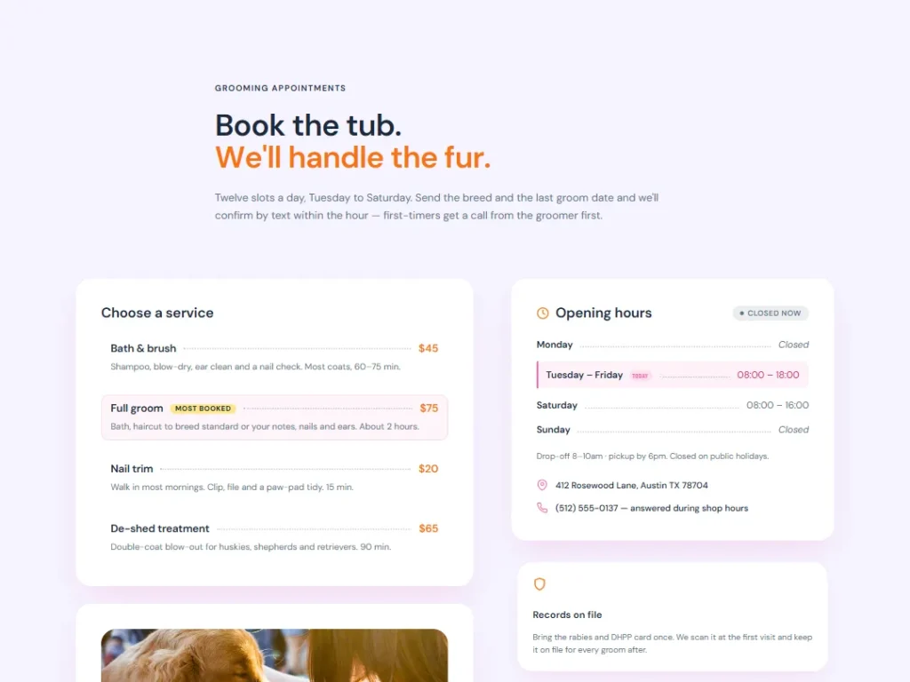 Groom Slot Clay — Pet Grooming Booking — Booking template