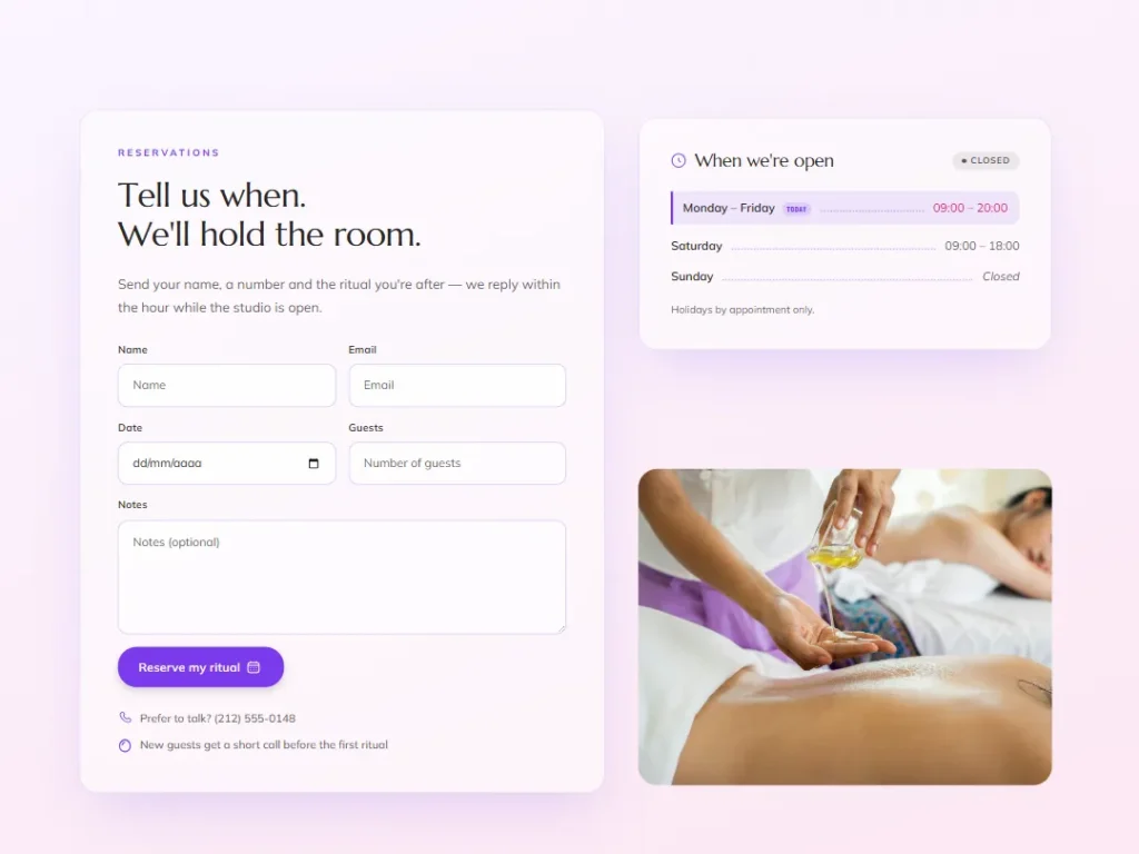 Mist & Petal — Reserve Split — Booking template