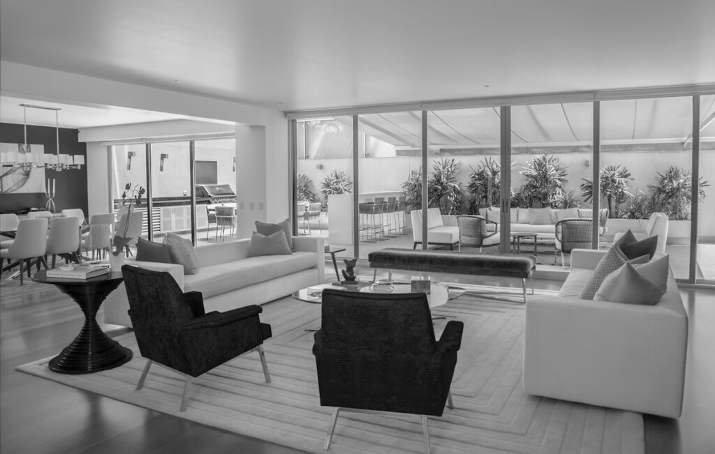 Bright living room with white sofa