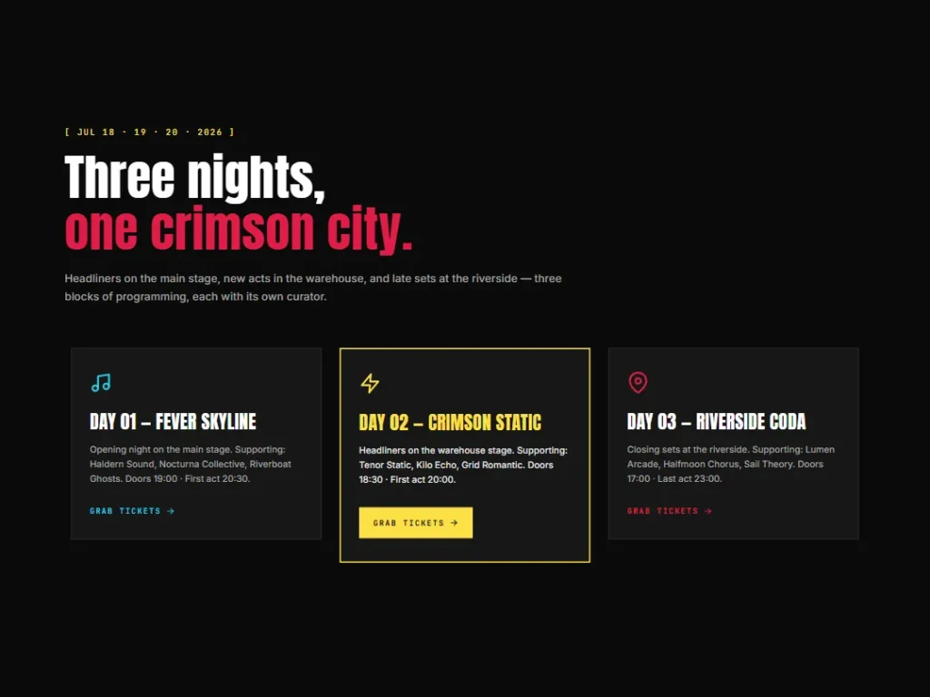Lineup — Crimson Noir Festival Days — Cards template