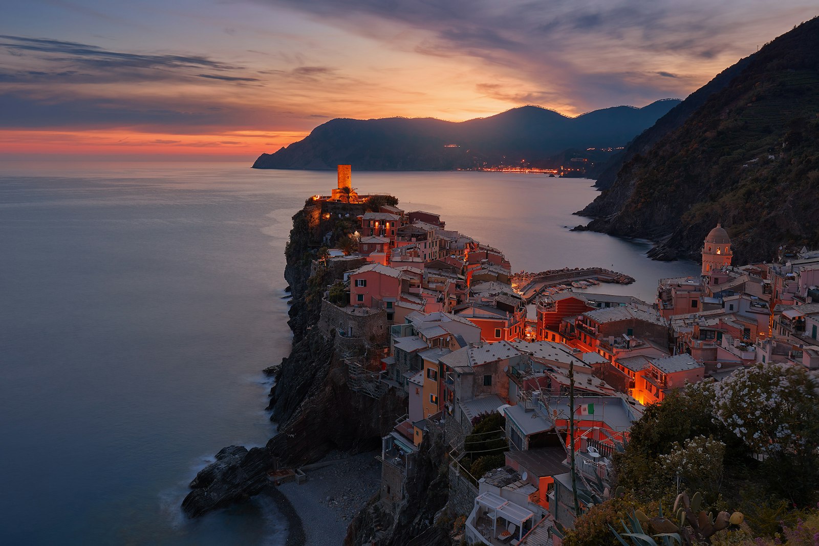 Coastal village at sunset