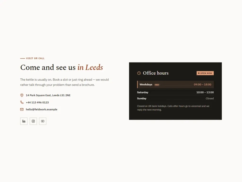 Linen — Office Hours, Espresso Panel — Contact template