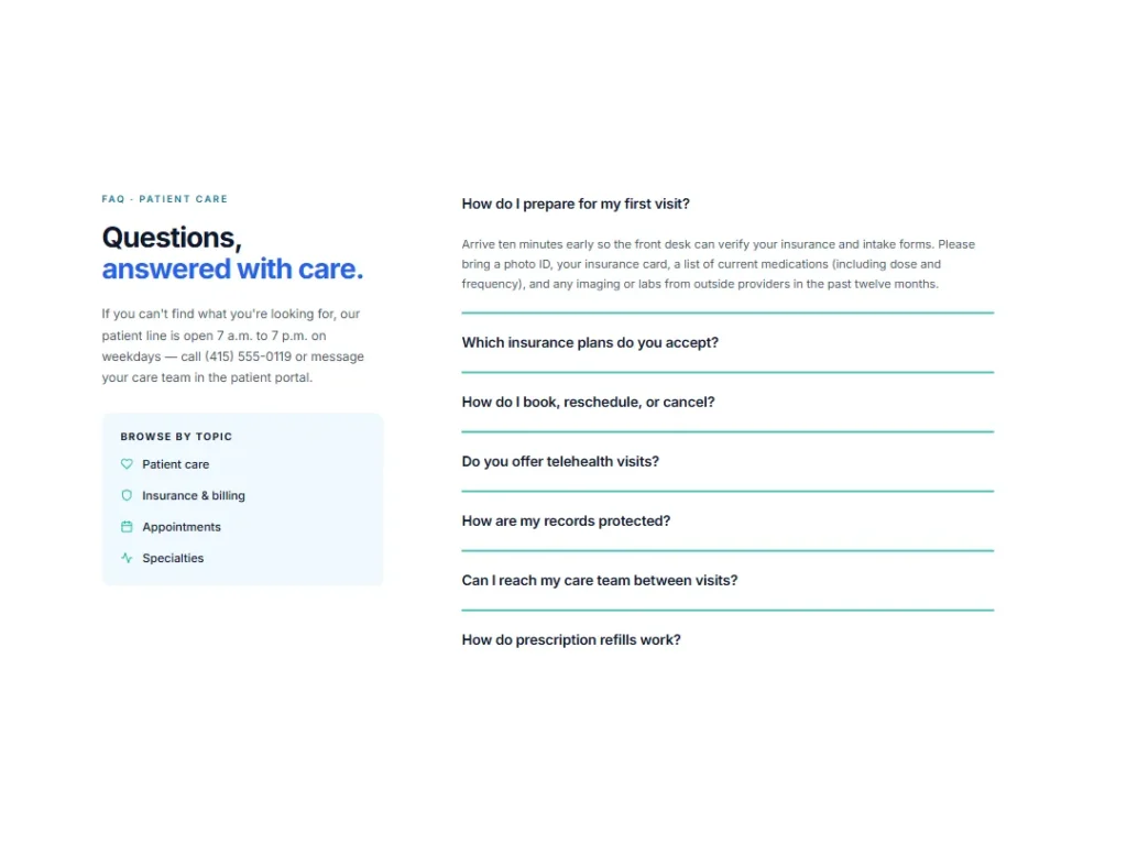 Clinic Care — Sticky Sidebar FAQ — FAQ template