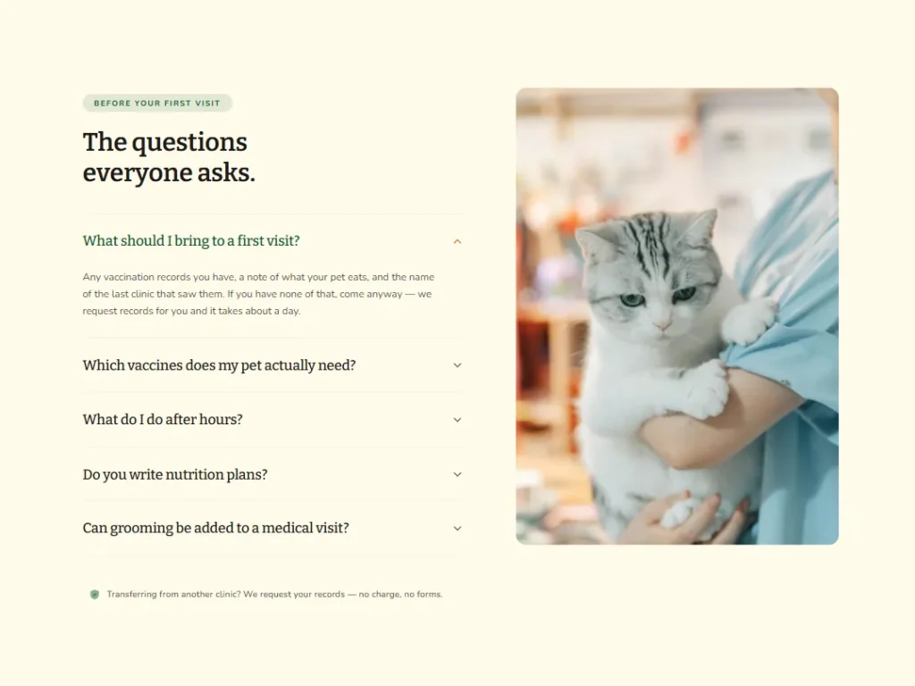 Wagtail First Visit Fern — Veterinary FAQ — FAQ template
