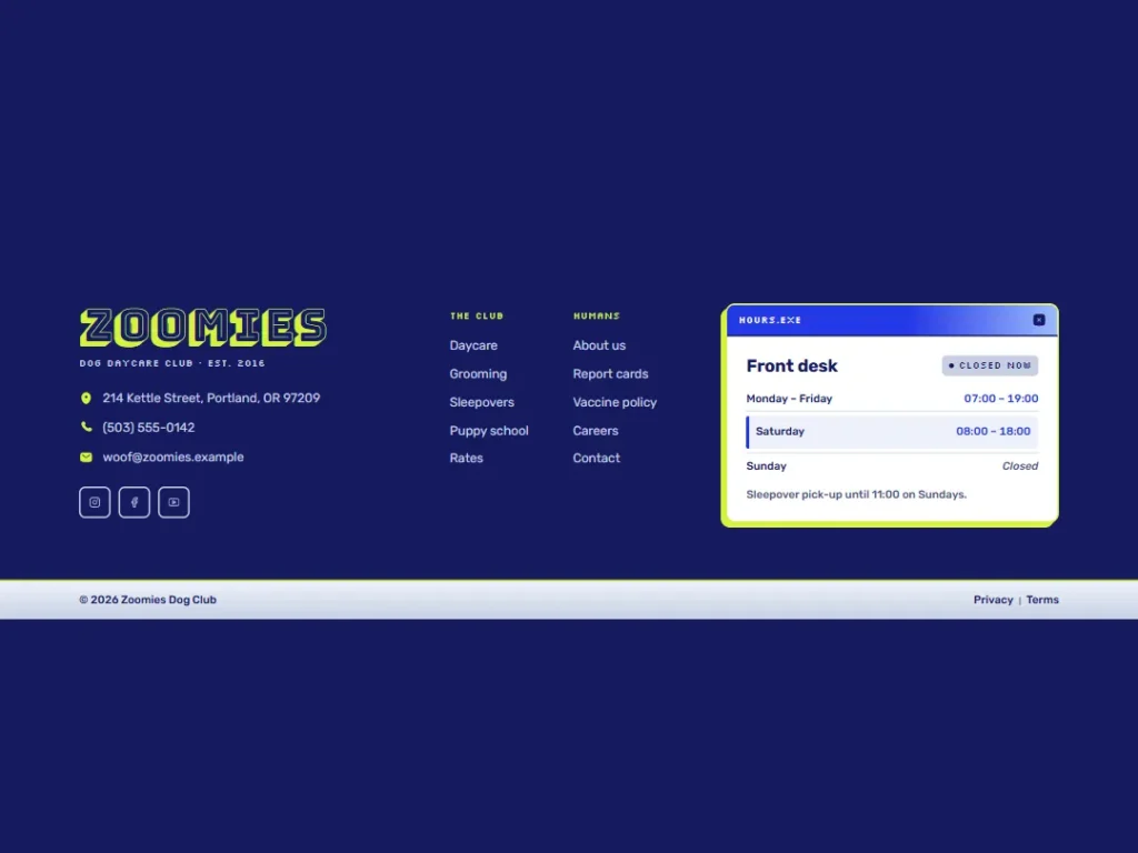 Zoomies — Hours Window Daycare Footer — Footer template