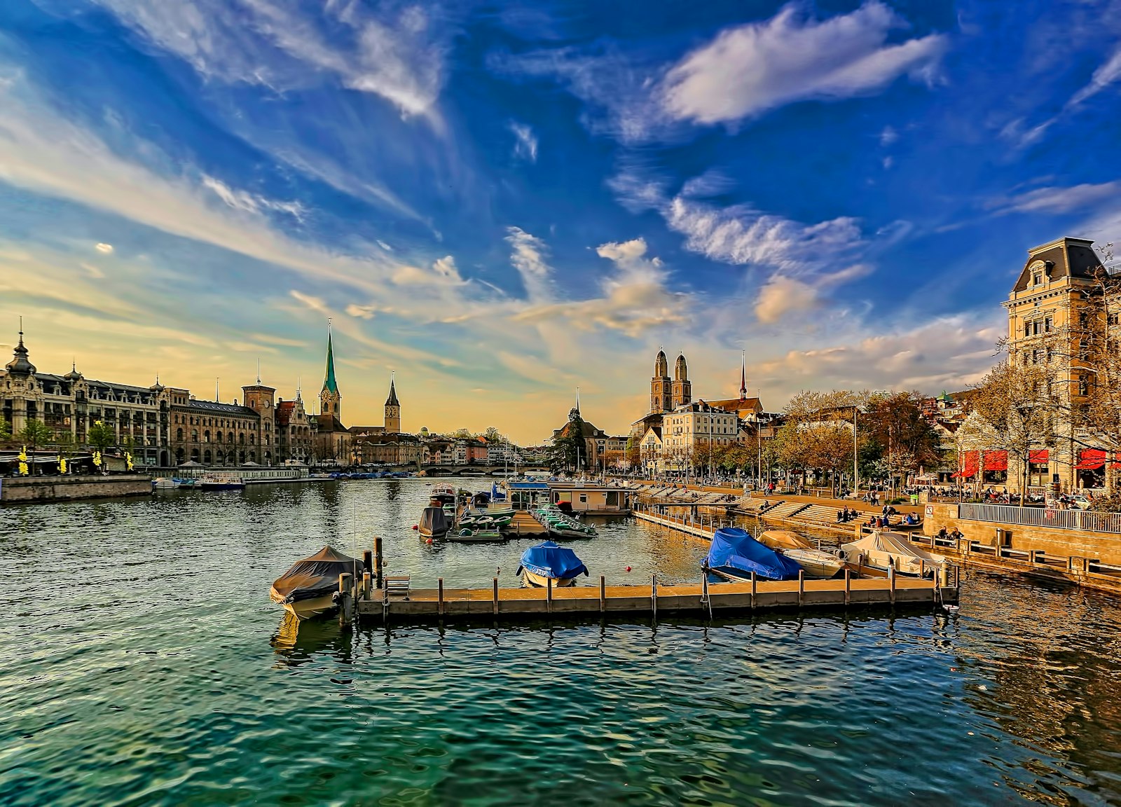 Boats in a sunlit harbor