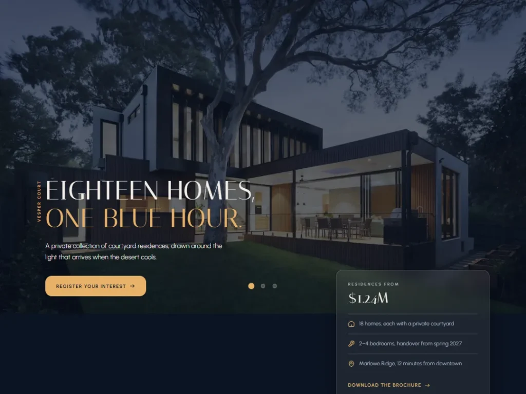 Blue Hour Courtyard Dusk — Residential Launch Hero — Hero template
