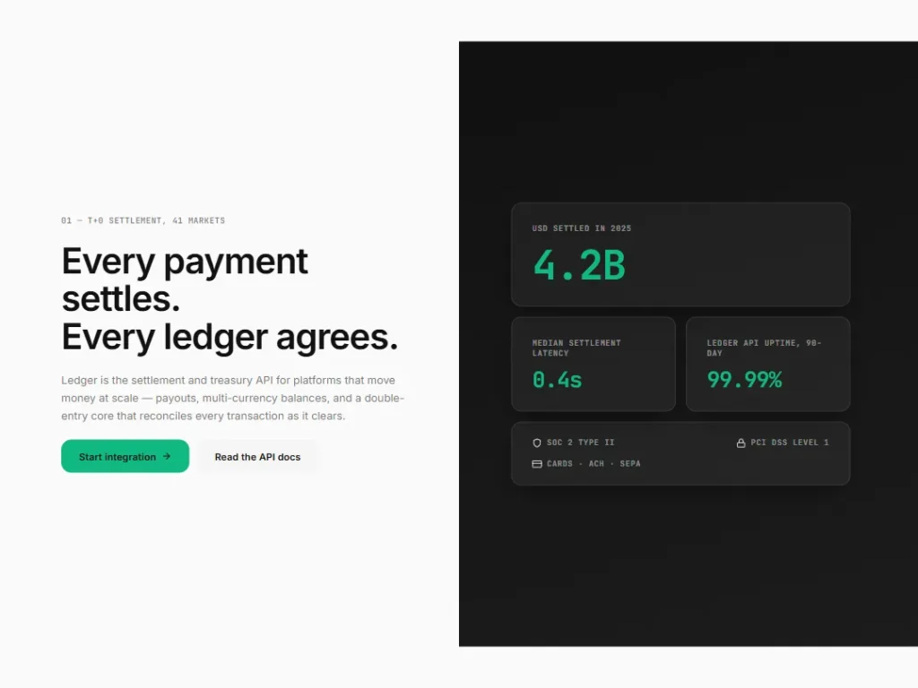 Ledger — Split Emerald Fintech Hero — Hero template