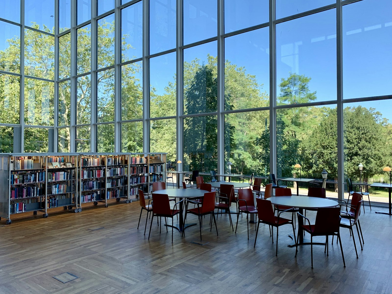 Library reading hall with tall windows