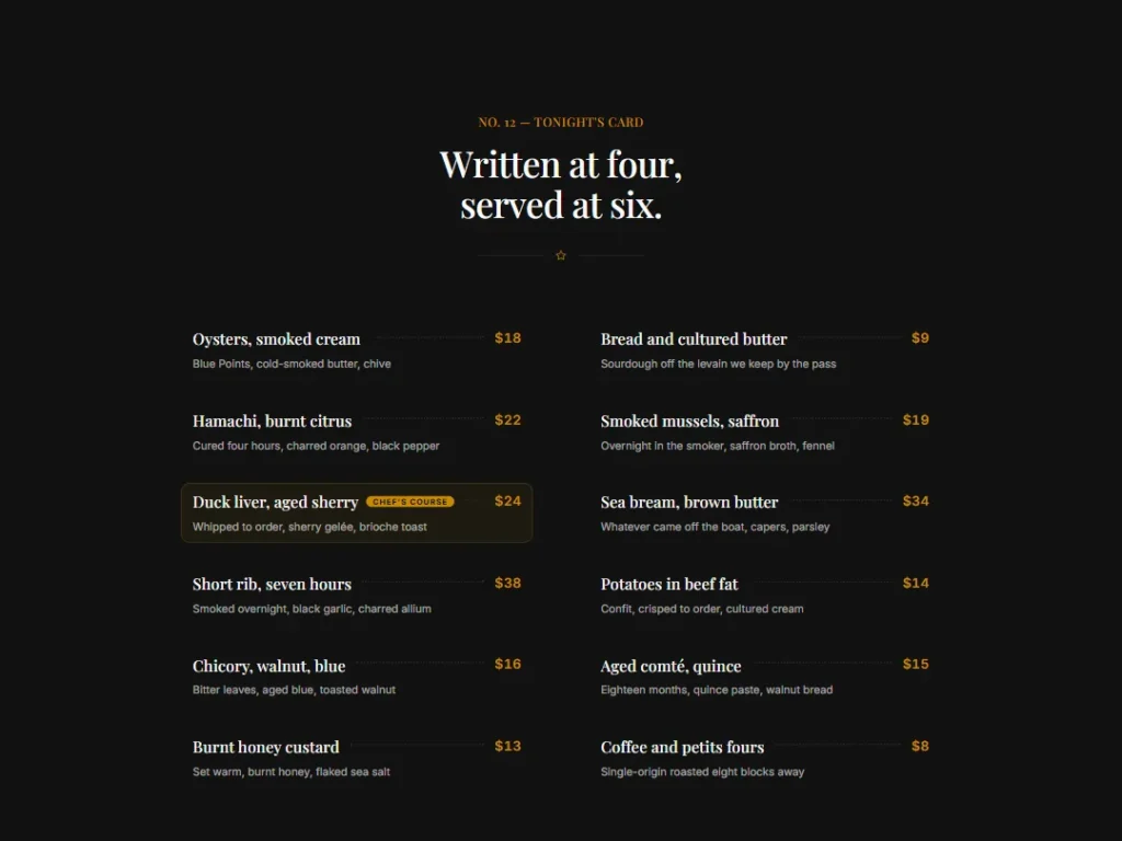 Emberline — Tasting Card — Menu List template