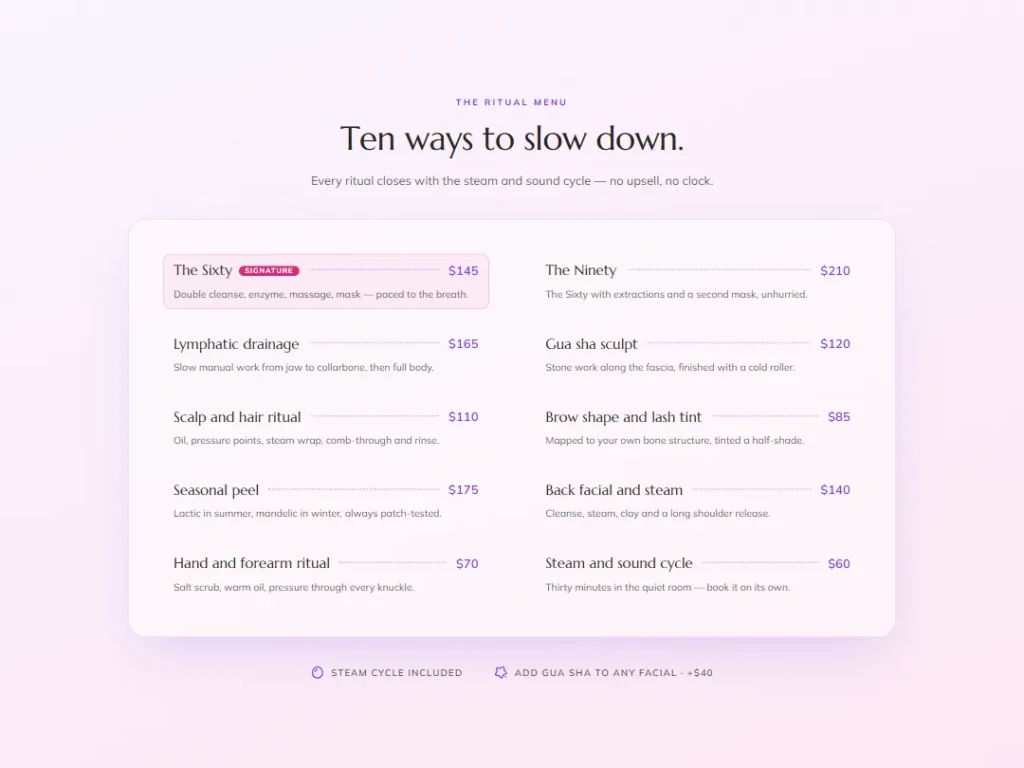 Mist & Petal — Ritual Card — Menu List template