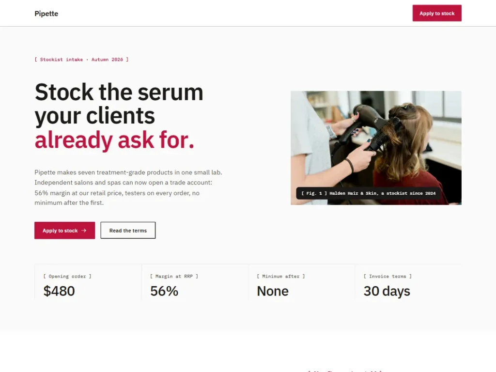 Pipette — Stockist Intake One-Page — One Page template