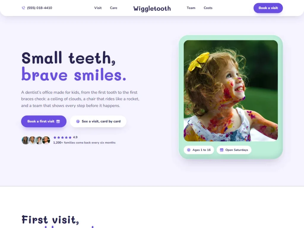 Wiggletooth — Kids’ Dentistry One-Page — One Page template