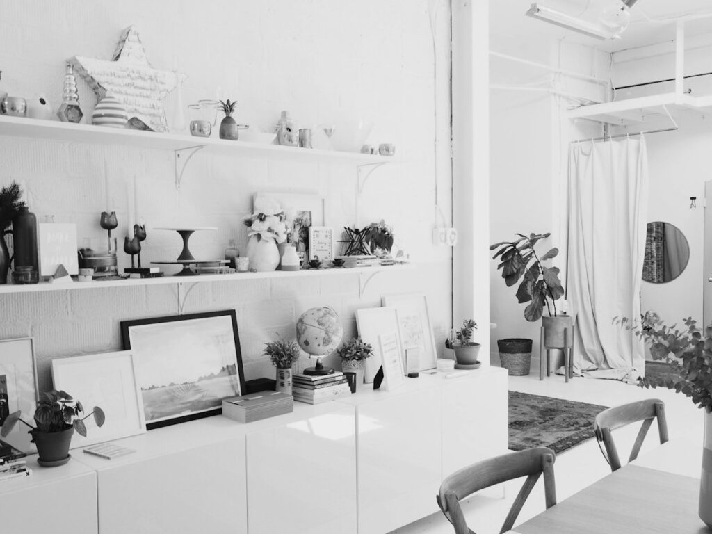 Bright interior with framed art and plants