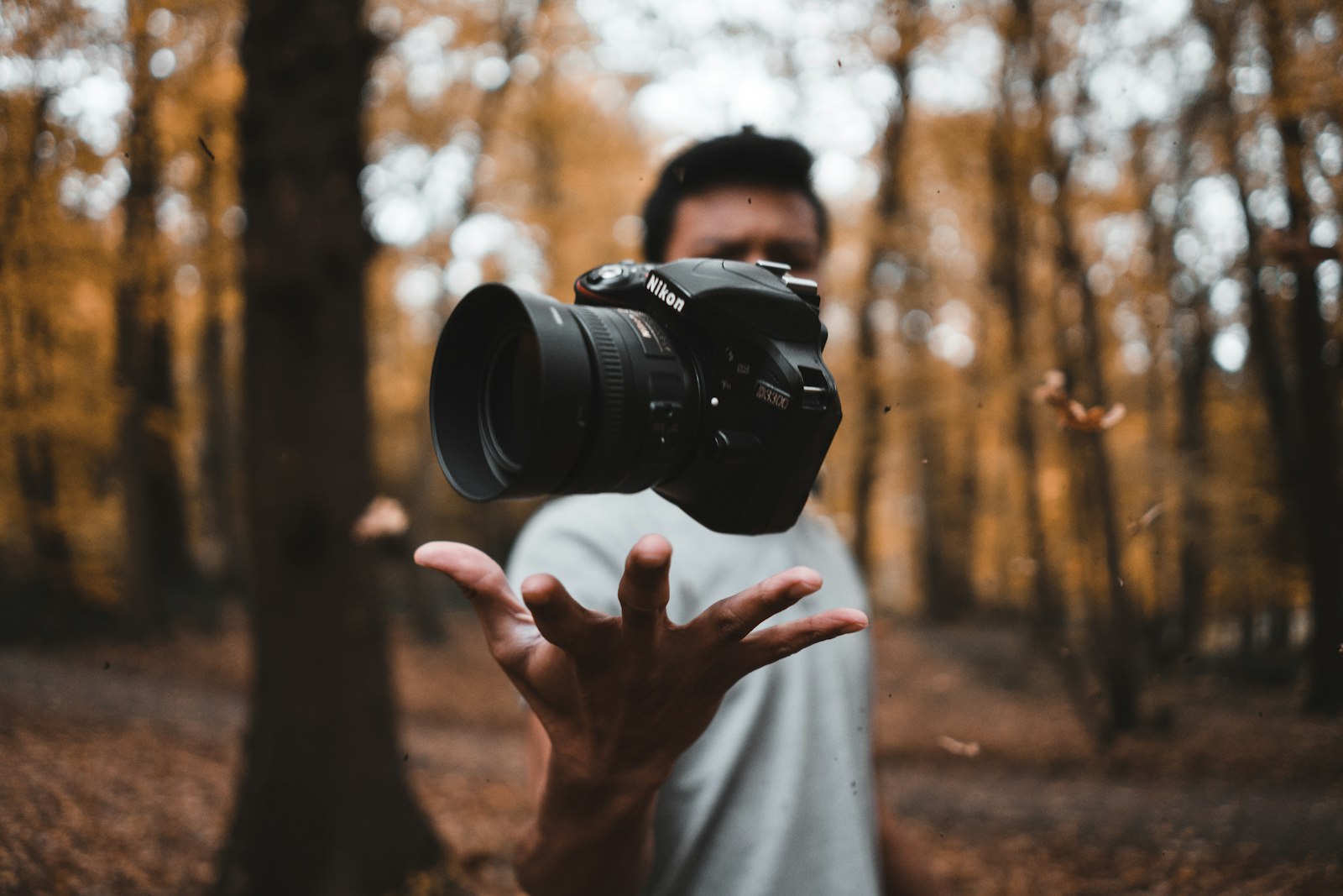Photographer framing a shot in the woods