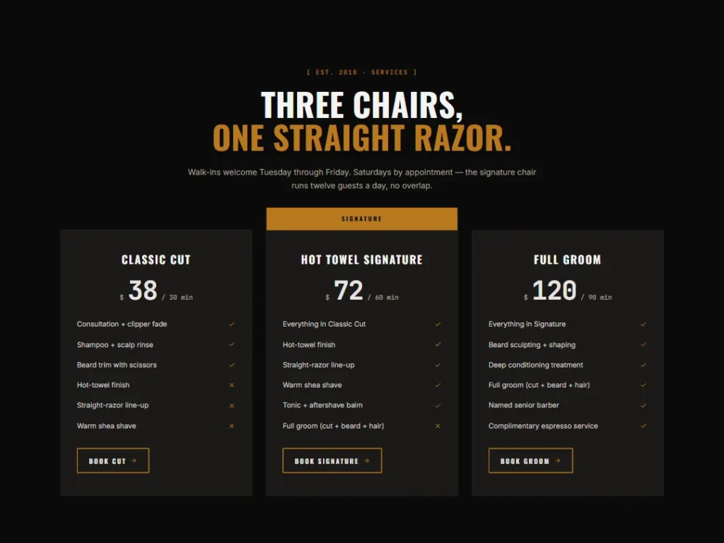 Barber Brass Chair — Noir Pricing — Pricing template