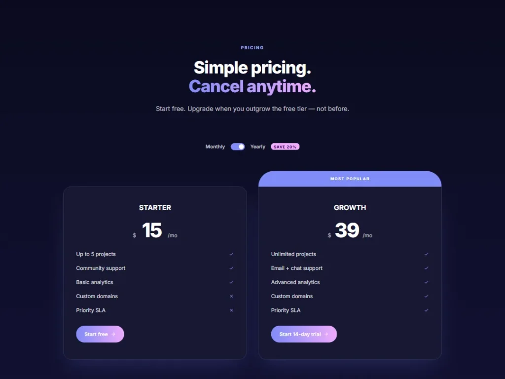 Duo Plans — Dark — Pricing template