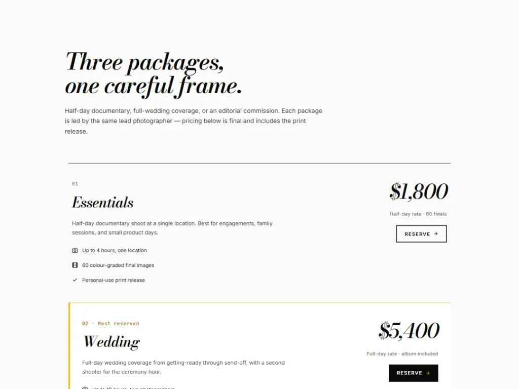 Editorial Packages — Ink on Bone — Pricing template