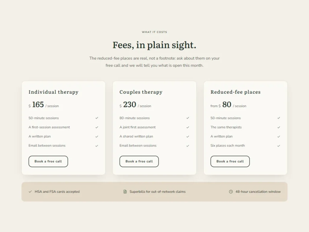 Heartwood Plain Fees — Therapy Session Pricing — Pricing template