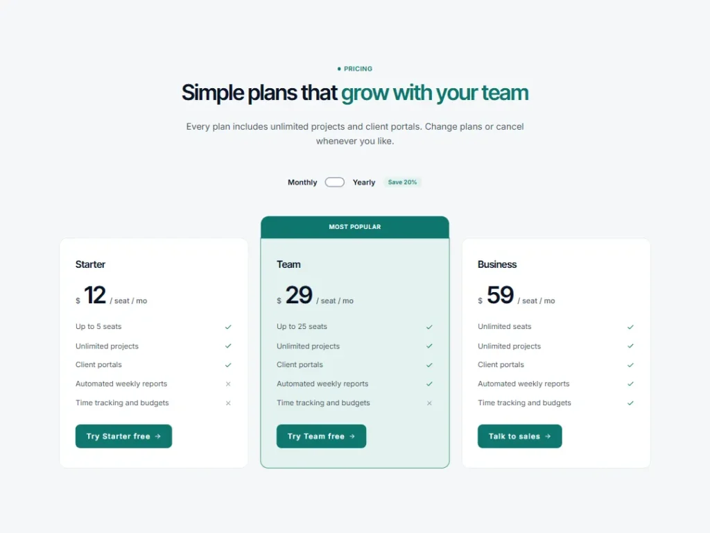 Keel — Plans with Toggle, Teal — Pricing template
