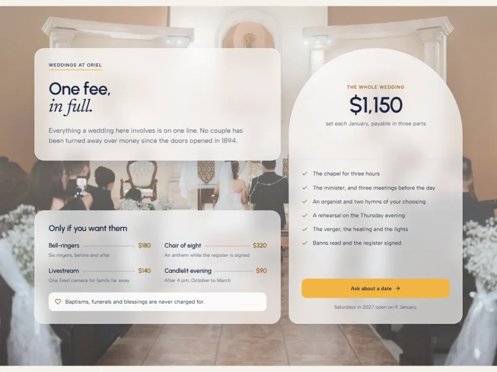 Oriel — Wedding Fee in Full — Pricing template