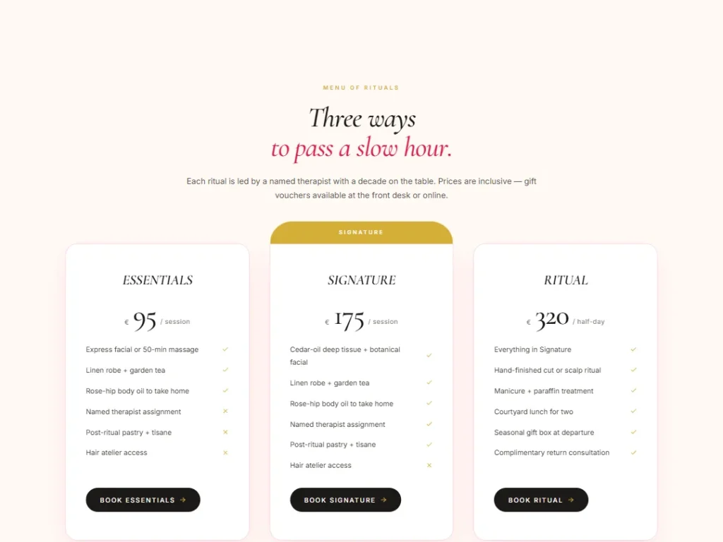 Ritual Menu — Spa Gold Pricing — Pricing template