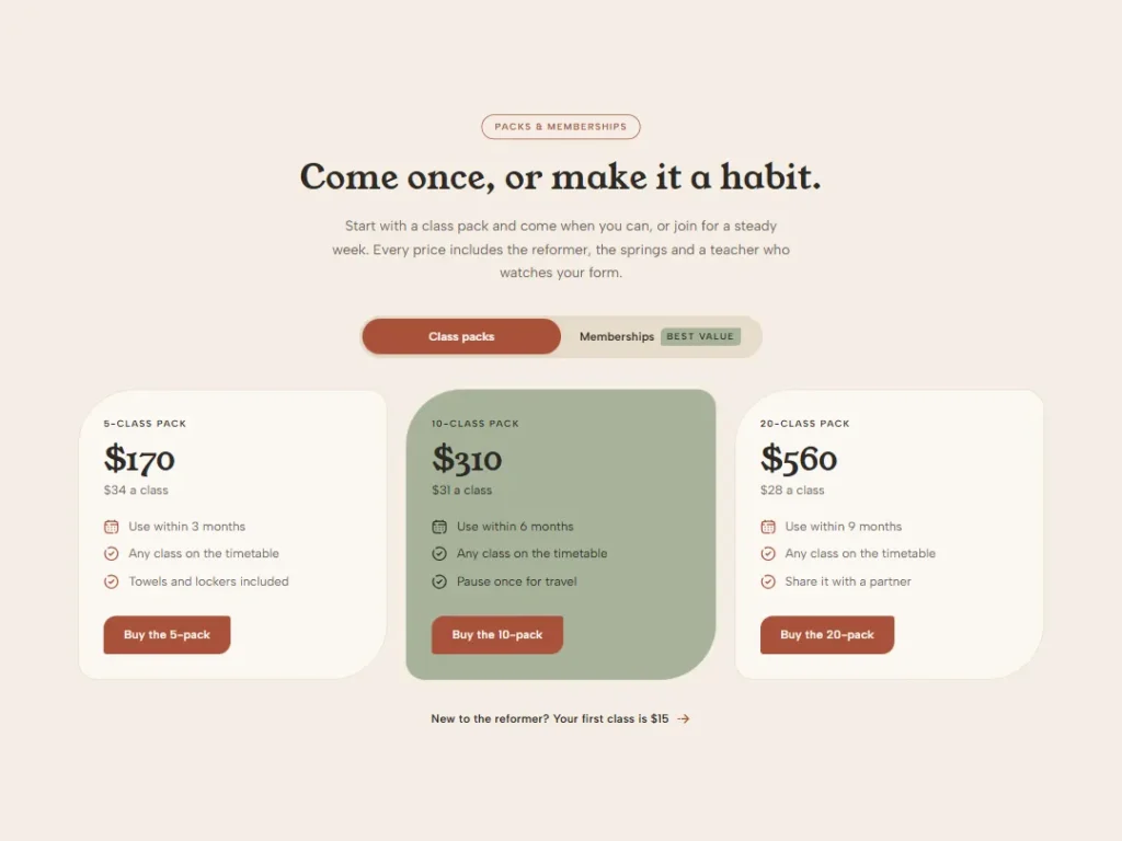 Springline Pack Switch — Reformer Studio Pricing — Pricing template