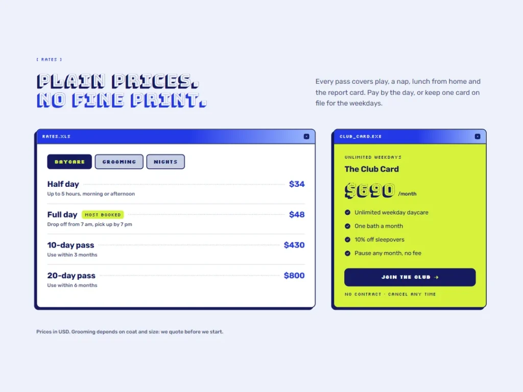 Zoomies — Rate Sheet Daycare Pricing — Pricing template