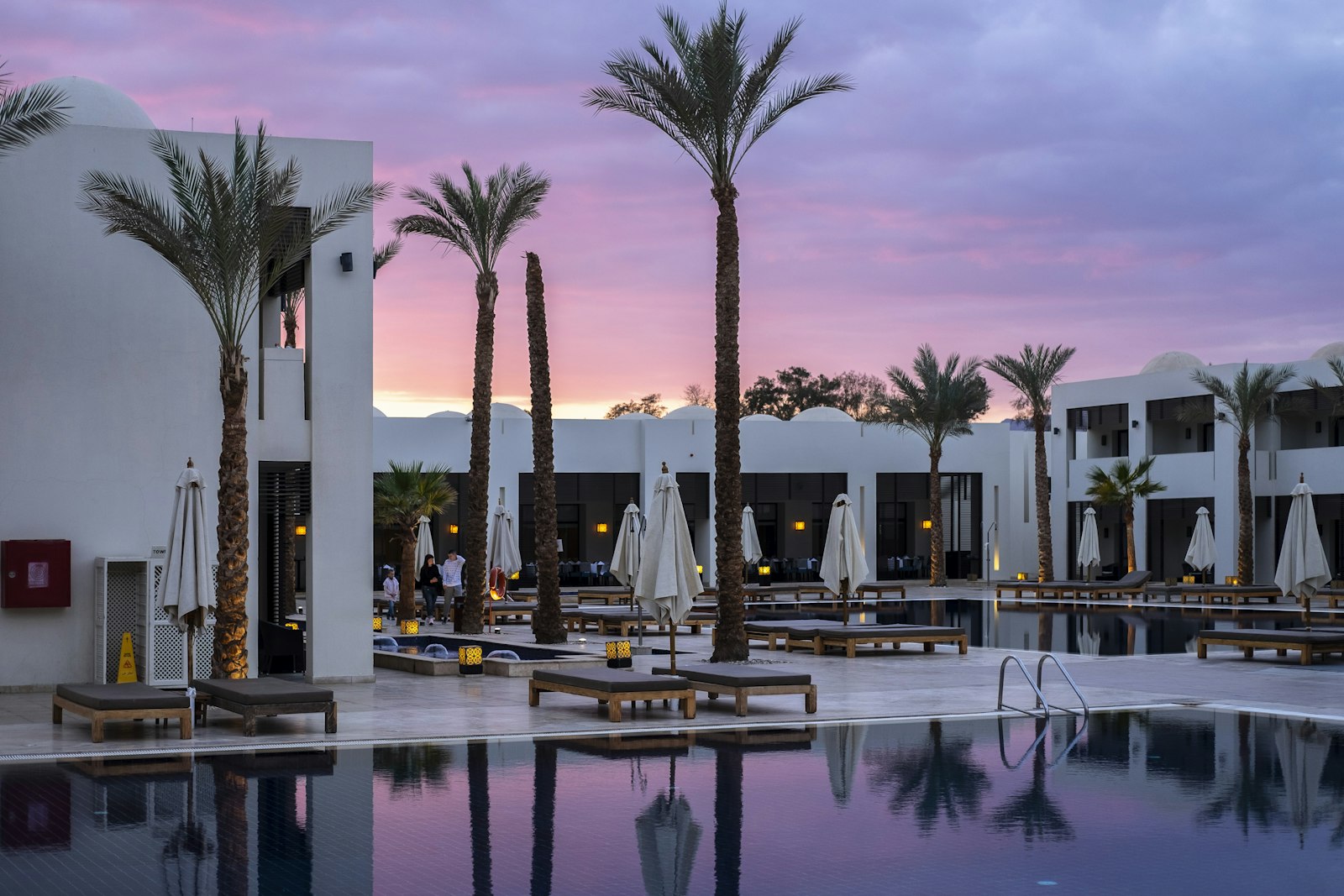 Palm-lined resort pool under a purple twilight sky