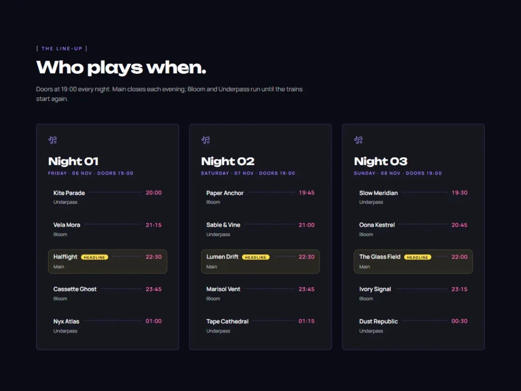 Nightbloom — Line-up by Night — Schedule template