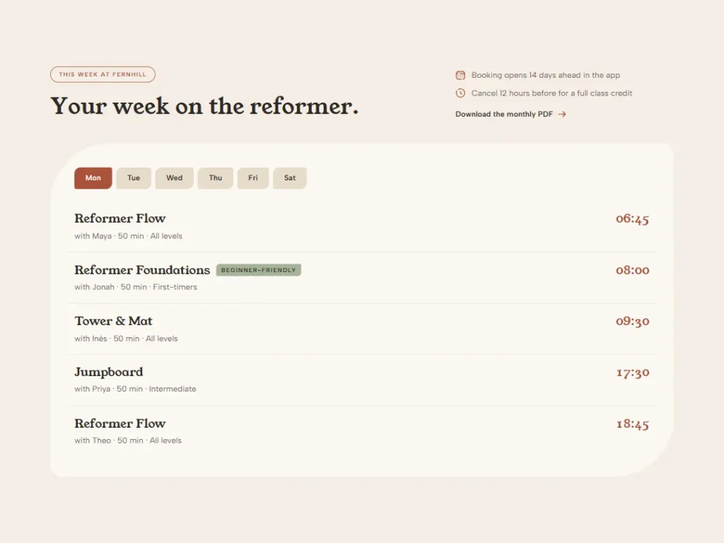 Springline Week Timetable — Reformer Studio Schedule — Schedule template