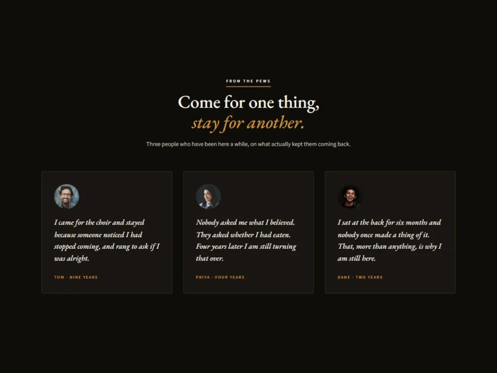 Evensong — Pew Stories — Testimonials template