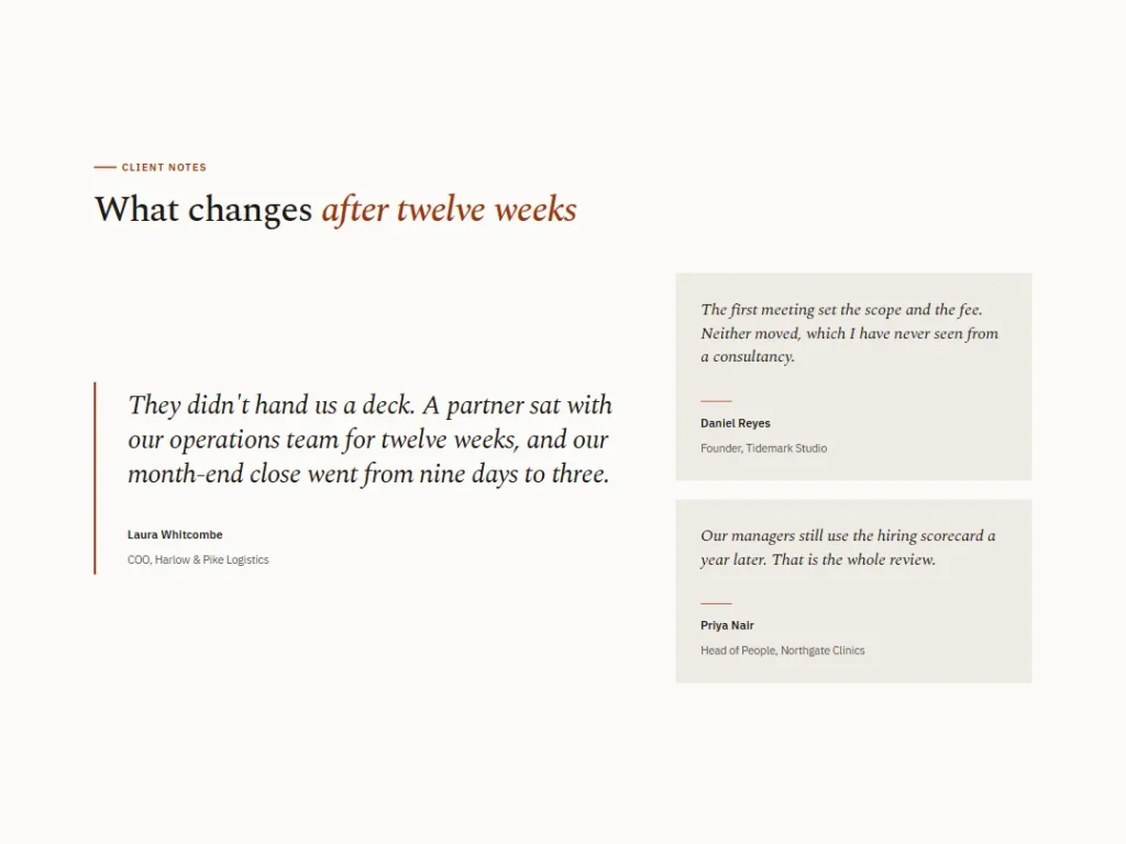 Linen — Client Notes, Rust — Testimonials template