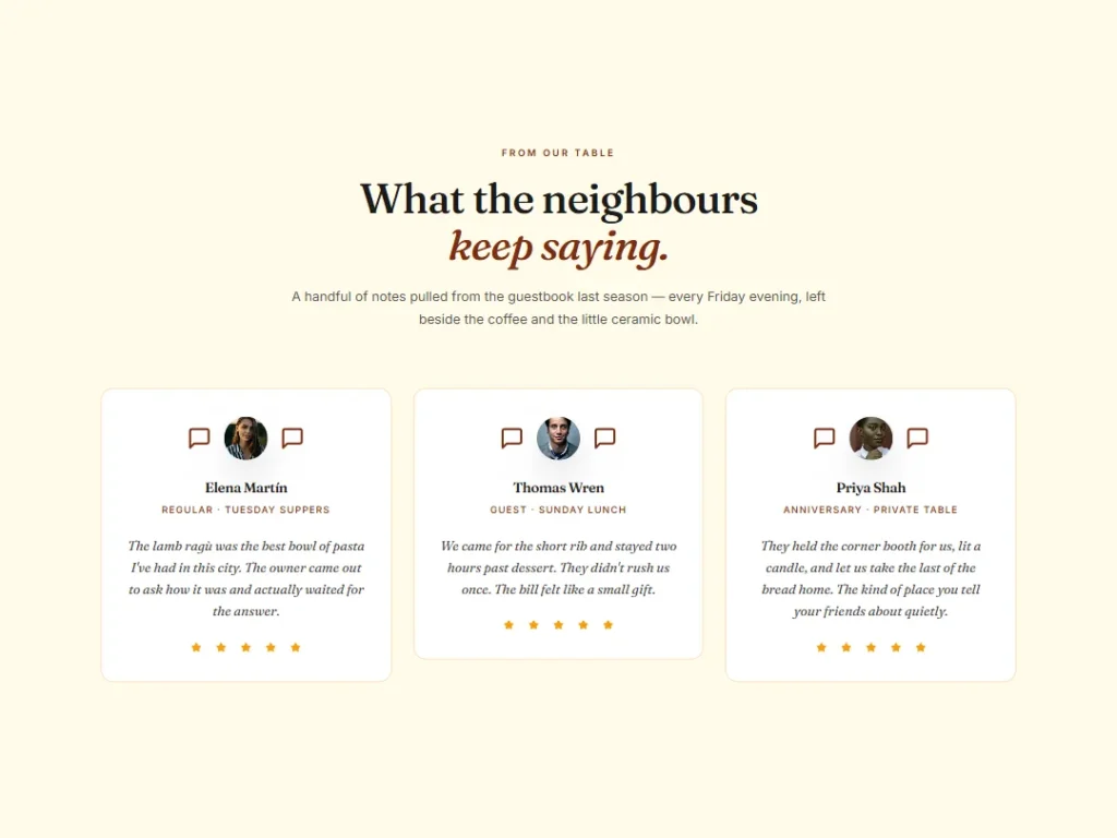 Table Wine — Warm Pullquote Testimonials — Testimonials template