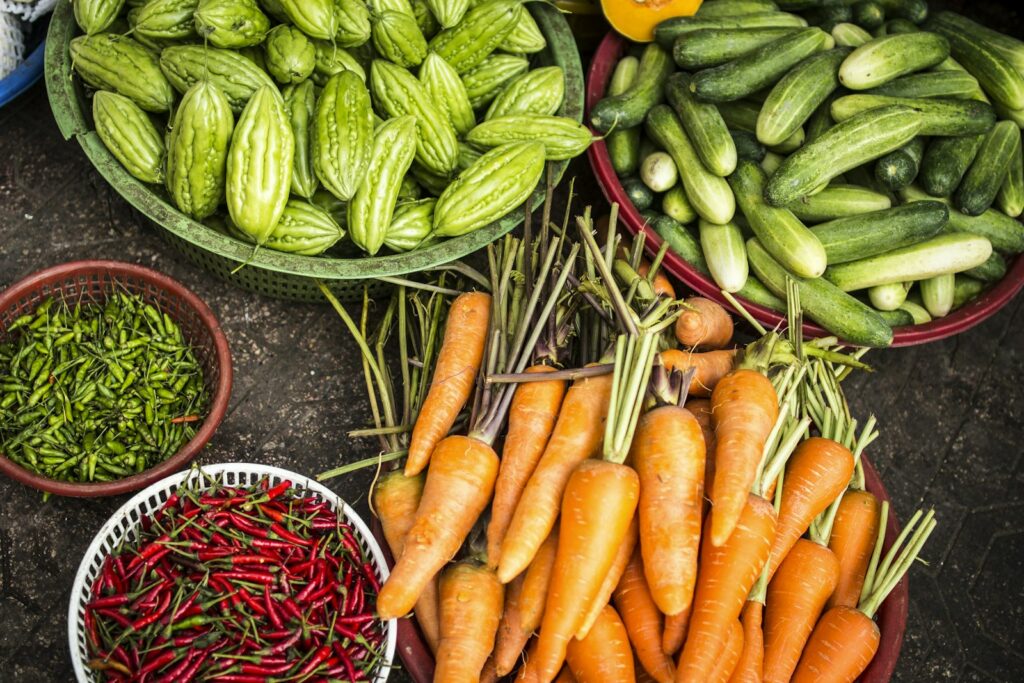 Fresh vegetables laid out after harvest