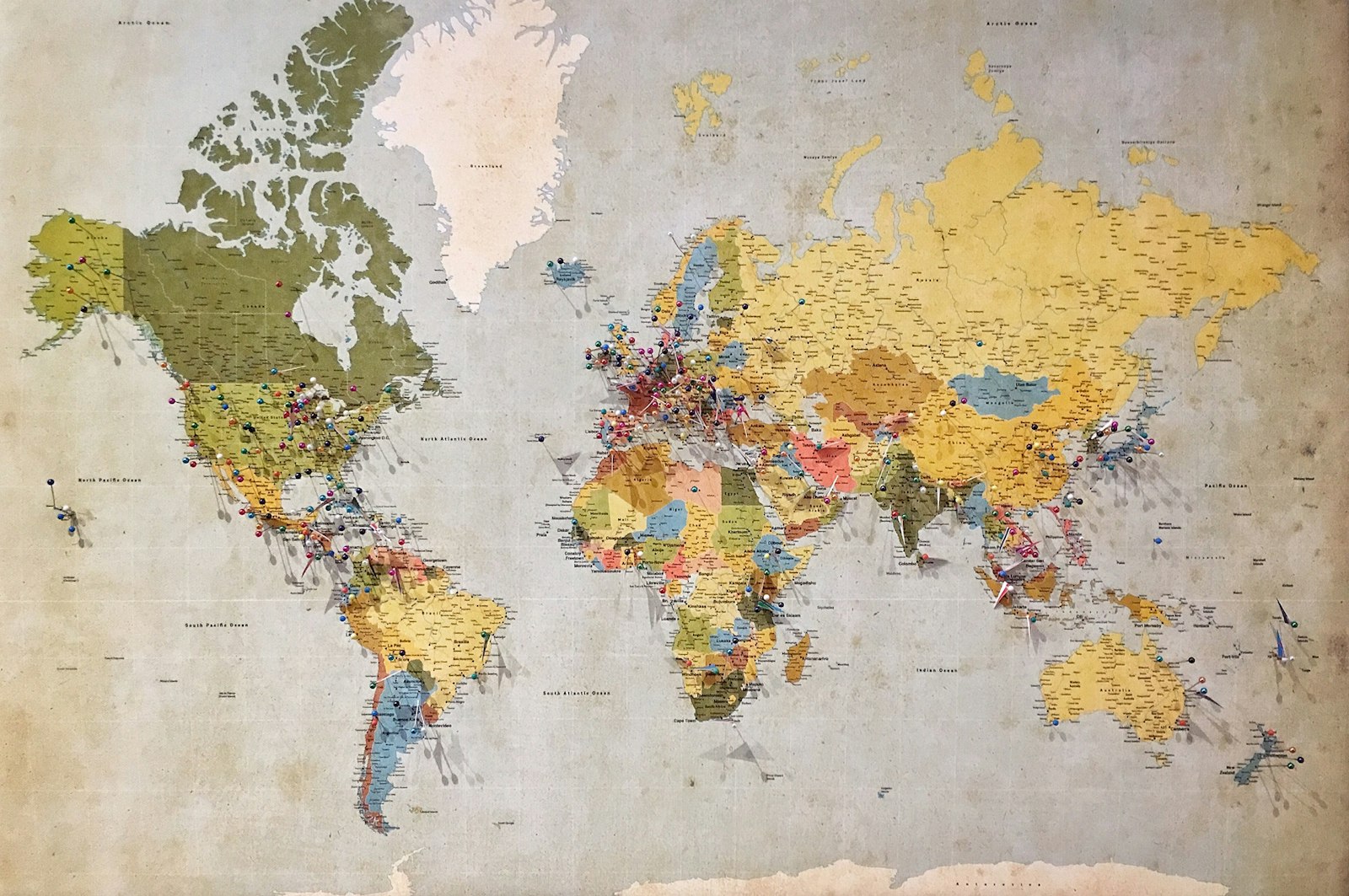 Vintage political world map on aged paper